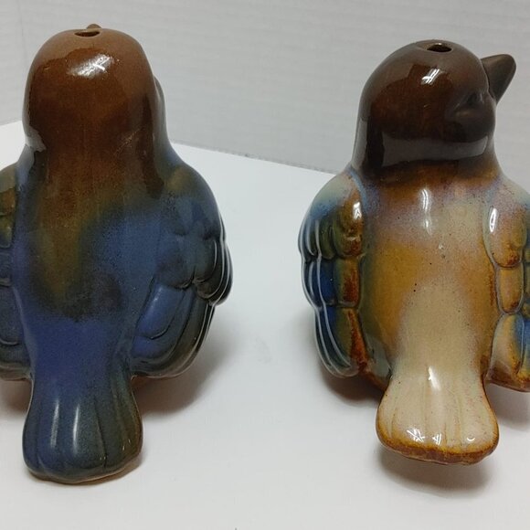 2Pcs Vintage Ceramic Robin Brown, Blue Glazed Bird Figurine Bird Feeder Garden - Picture 6 of 6
